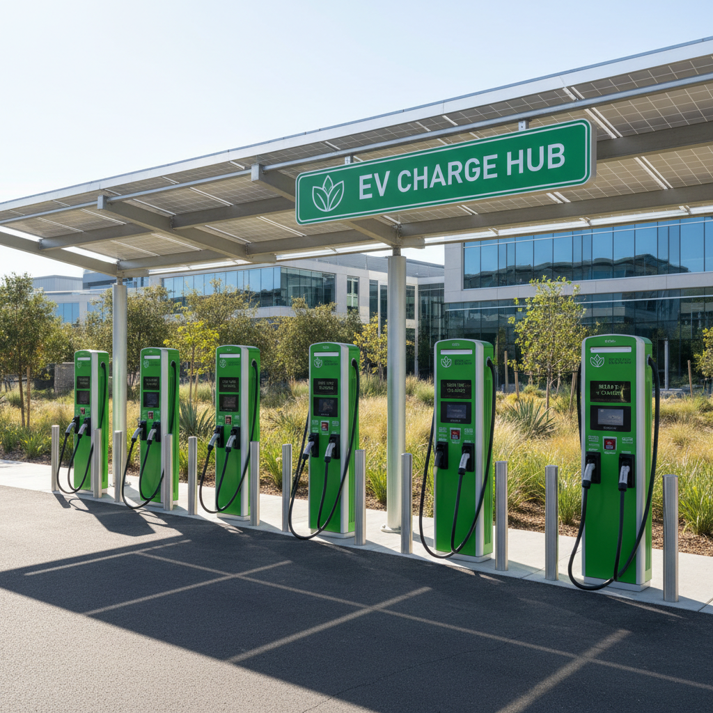 Row of electric vehicles charging at a large public charging station with solar canopy, modern EV infrastructure, green energy
