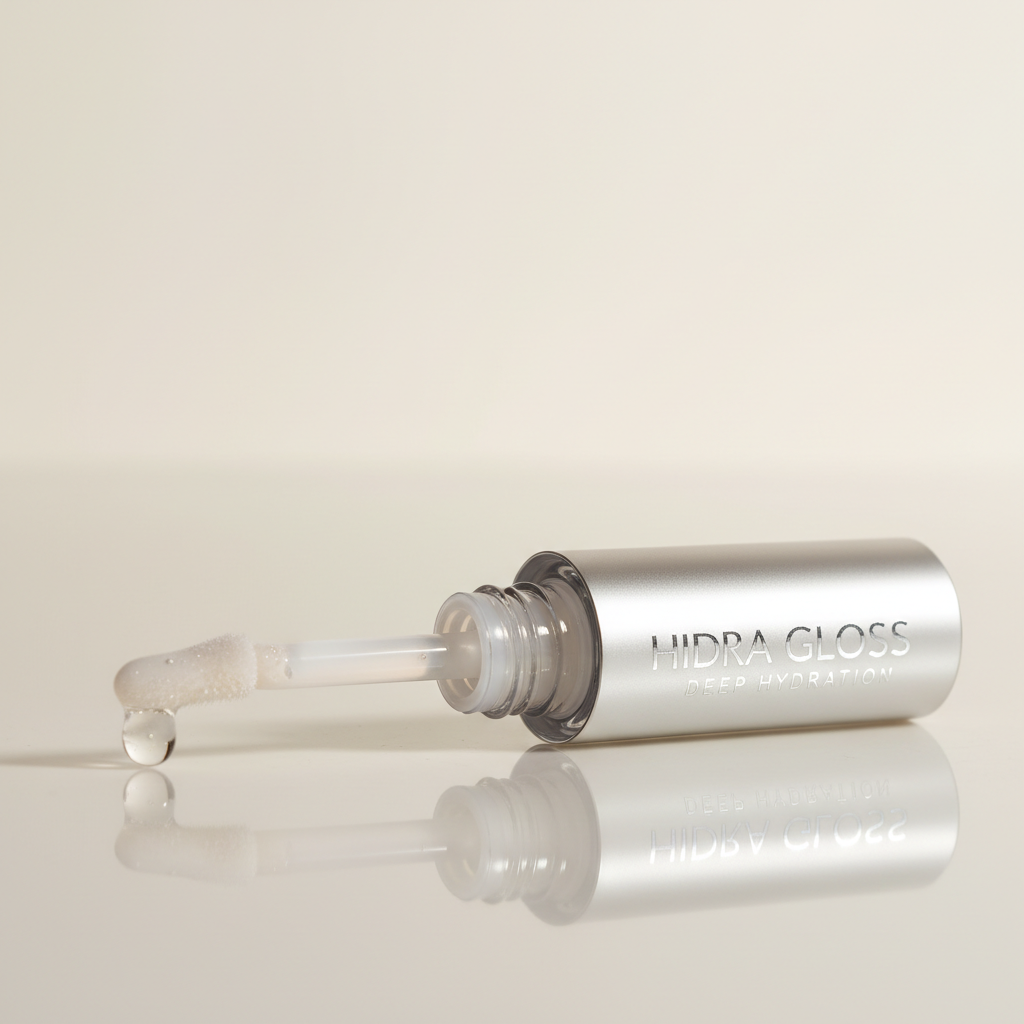 Lip gloss tube with glossy reflection on bright light background, beauty cosmetics product photography