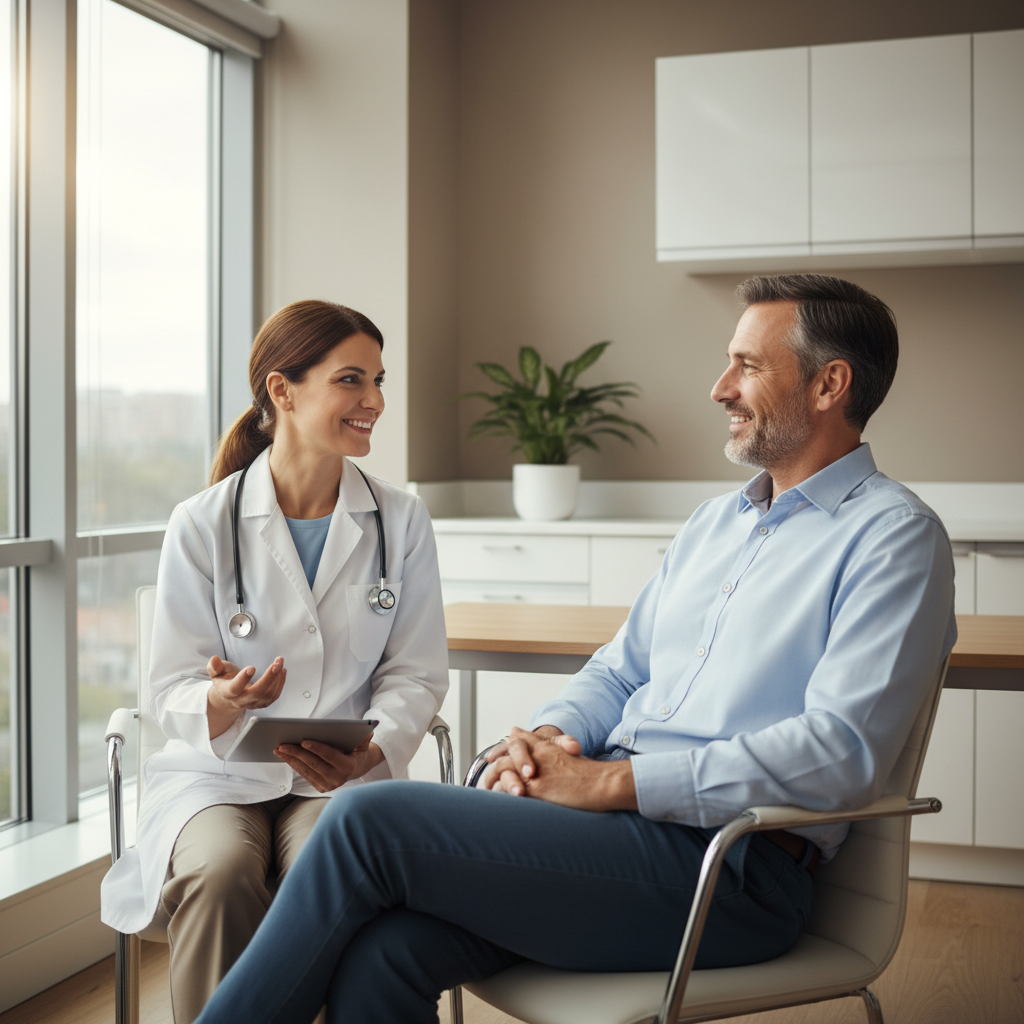 Doctor and patient having a calm conversation in a bright modern Dutch hospital room, natural light, professional setting