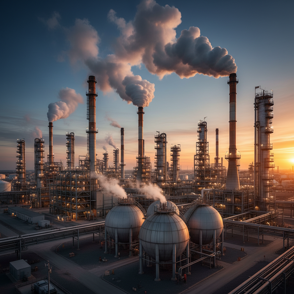 Oil refinery at twilight, industrial infrastructure, dramatic sky, energy sector