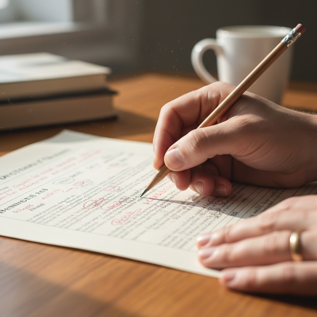 Conference table viewed from above with scattered policy printouts, a pen mid-annotation, and coffee cup — no faces visible
