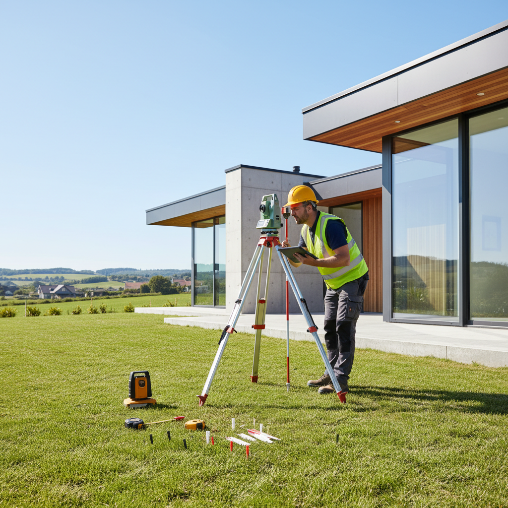Professional surveyor inspecting a modern property exterior, bright daylight, well-lit open environment