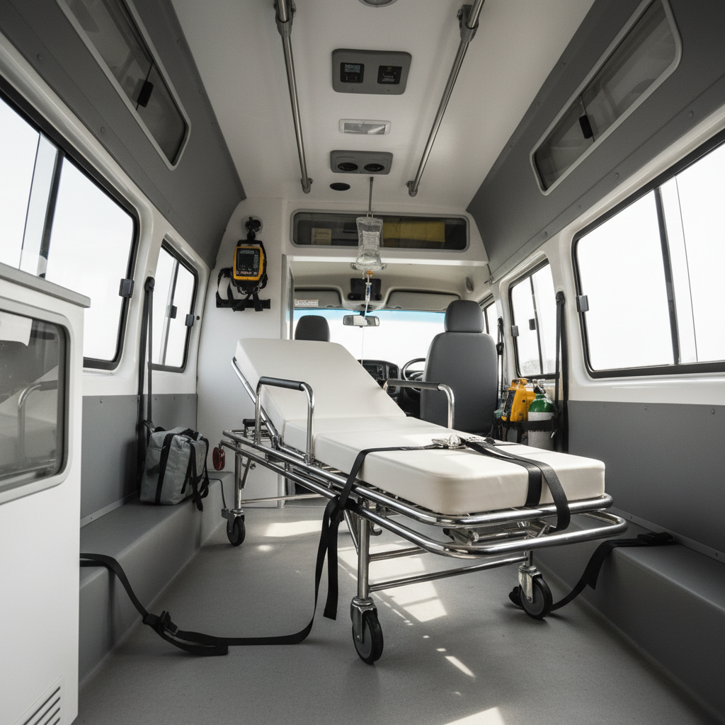 Advanced medical ambulance with equipment visible, dim clinical interior, dark shadows, professional medical setting