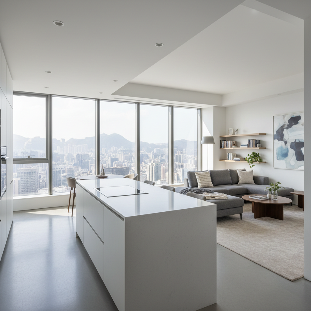 Pristine Hong Kong apartment interior with clean countertops and organized living space