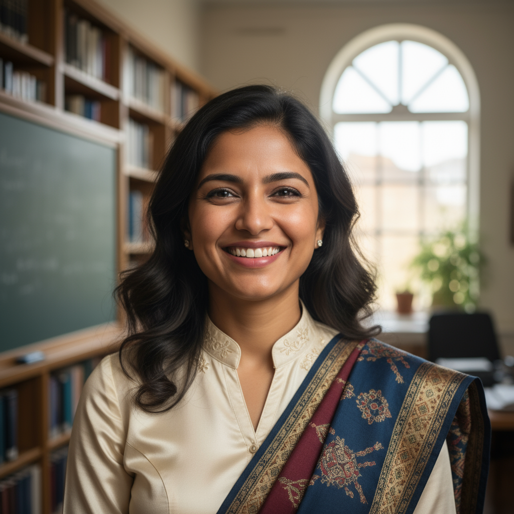Indian woman academic professional, warm portrait, scholarly setting