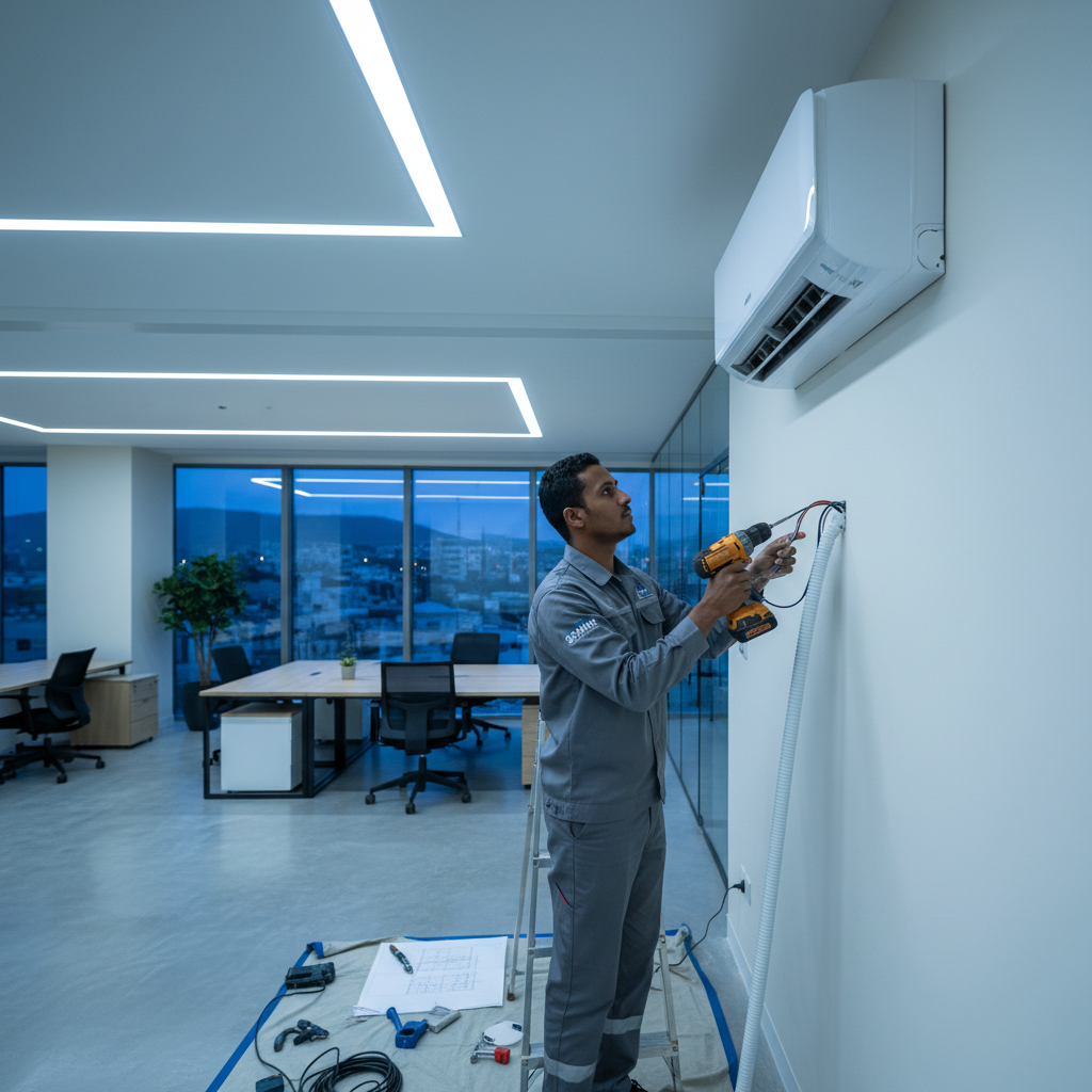 HVAC technician in uniform installing air conditioning system on exterior wall