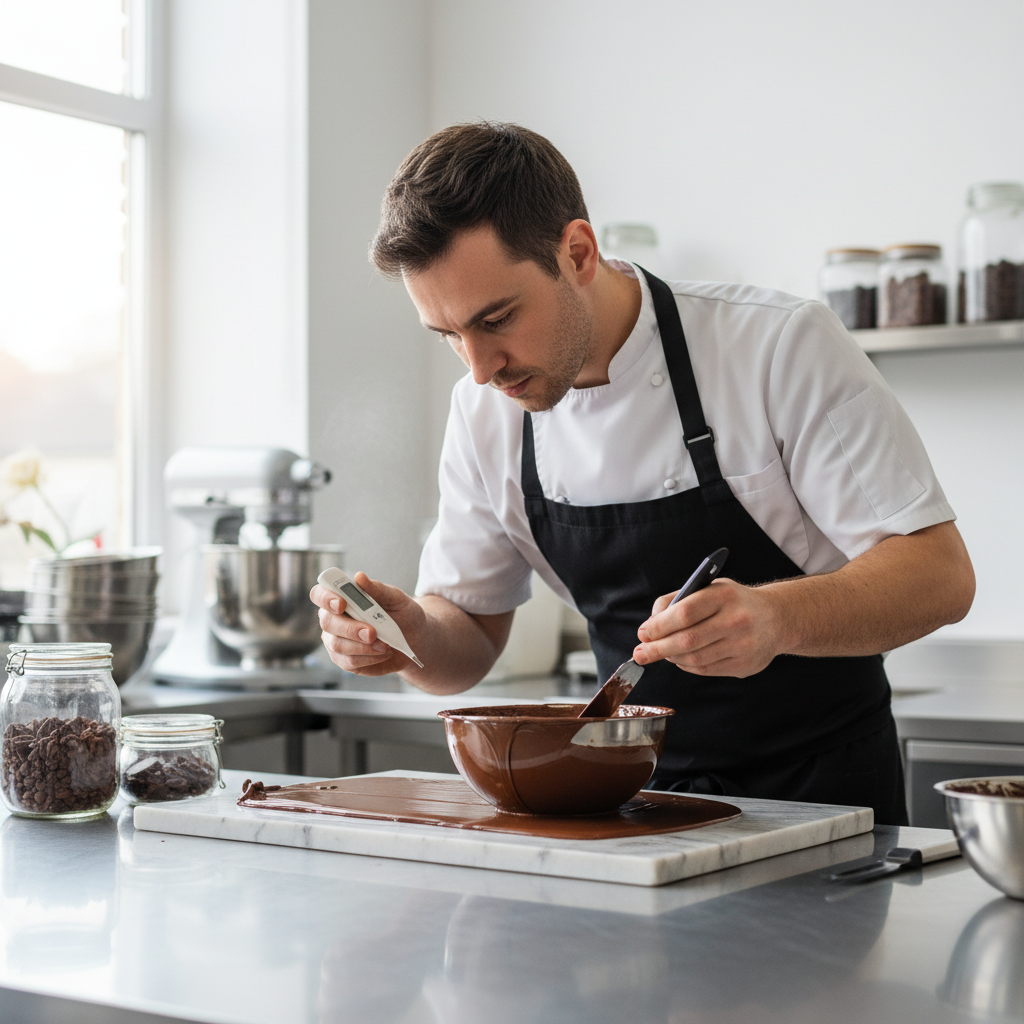 Marcus Webb, a line cook, precisely tempering chocolate under copper pendant lights at Levain