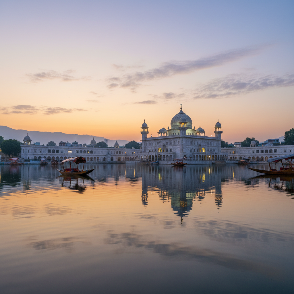 Hazratbal Shrine white marble dome reflected in Dal Lake at dusk