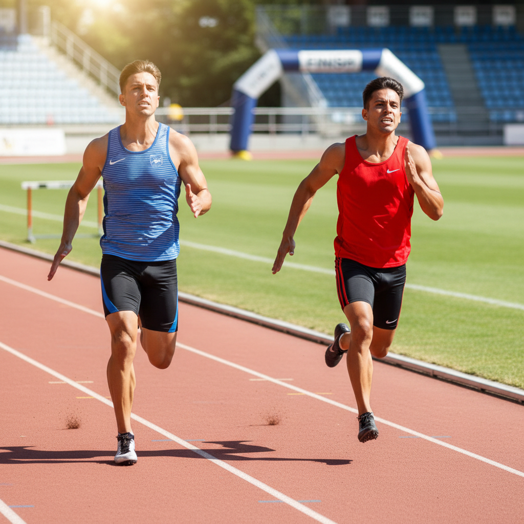 Two runners side by side in a 200m race on an outdoor track