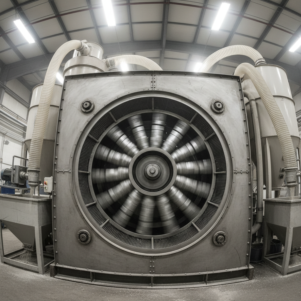 Industrial hammer mill machinery running at high speed in a manufacturing plant with dust collection systems visible