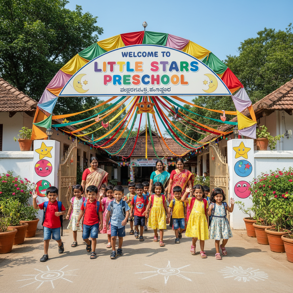 Welcoming pre-school entrance in Vaddarahalli Bengaluru with colourful signage and happy children arriving at school