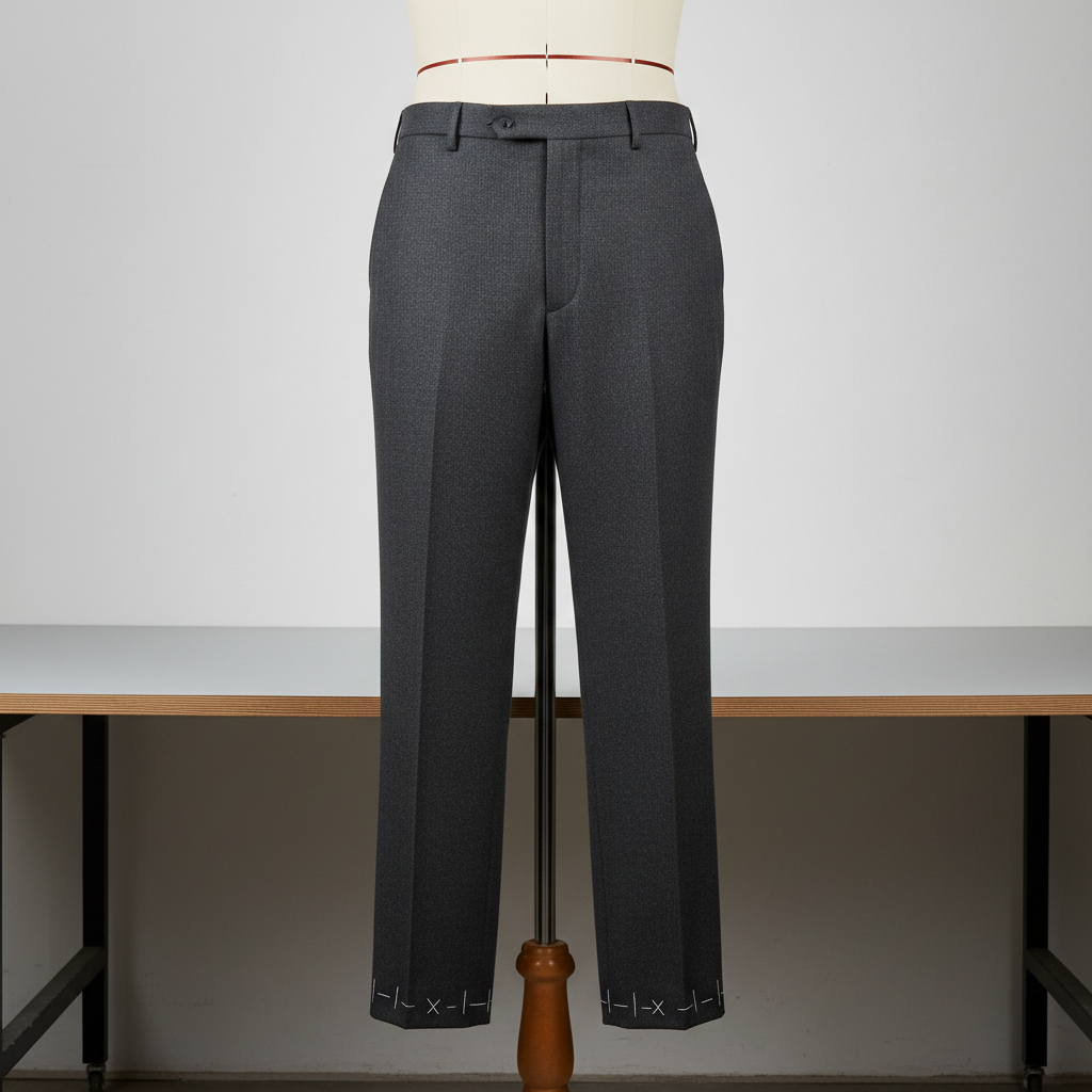 Charcoal trousers with hem markings on dressmaker form