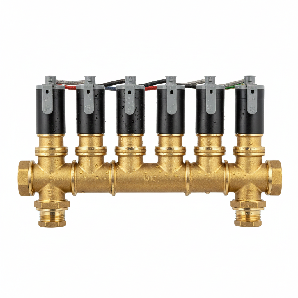 Brass irrigation valve manifold assembly with multiple solenoid valves connected in series