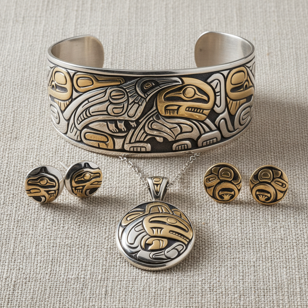 Silver and gold engraved Haida jewelry