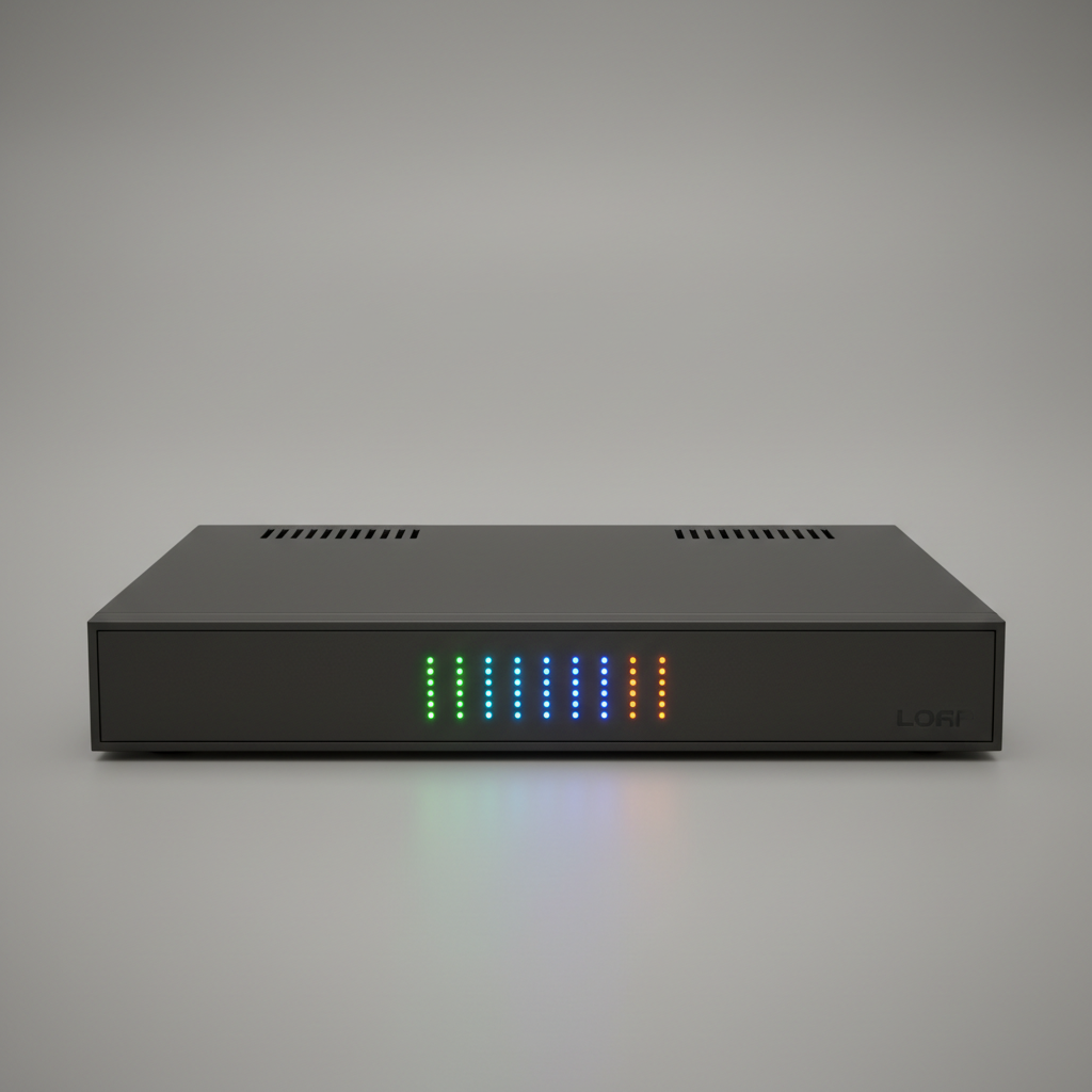 Security appliance hardware with LED status lights in rack mount configuration, dark setting