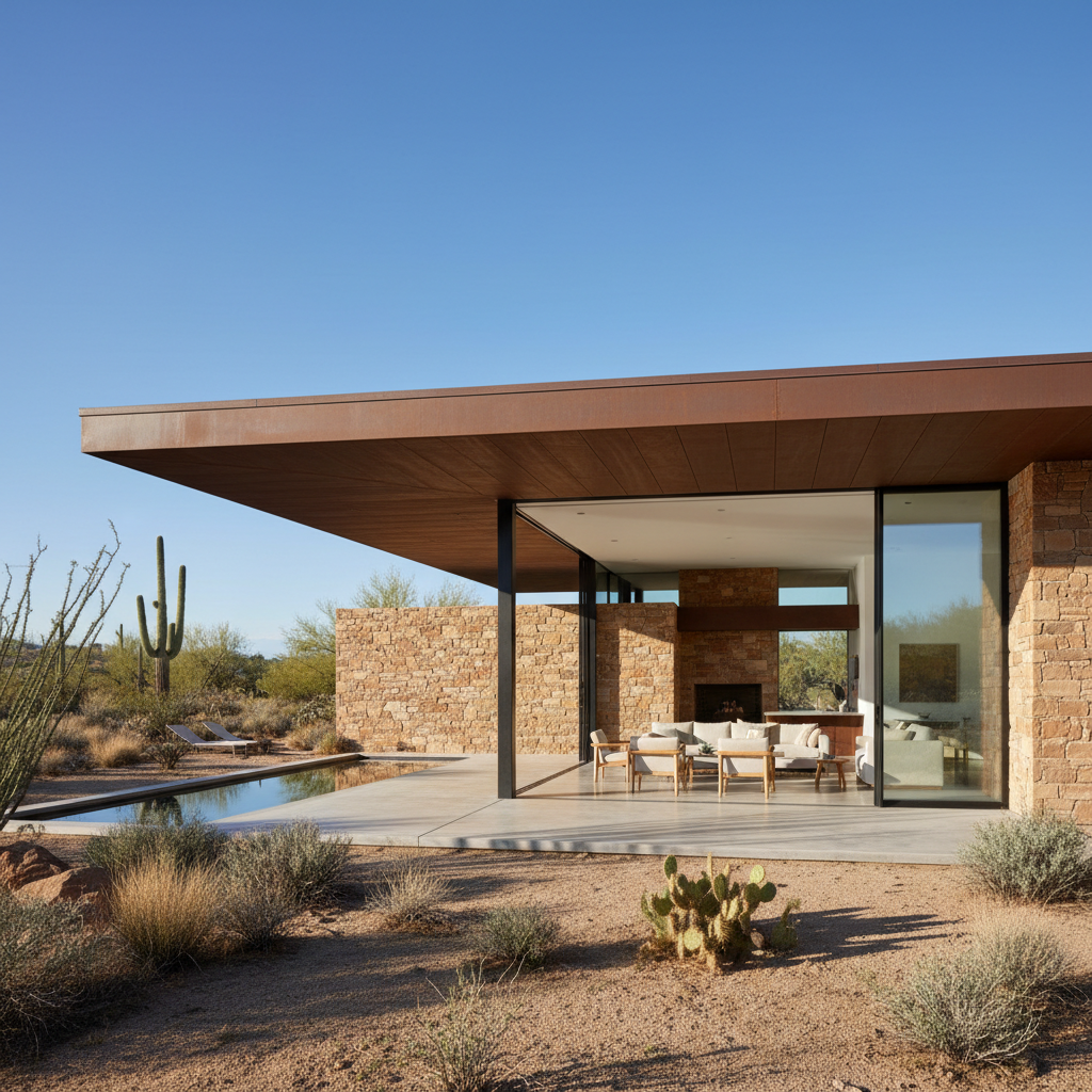 Architectural solid roof patio cover with clean modern lines attached to luxury home, natural stone flooring