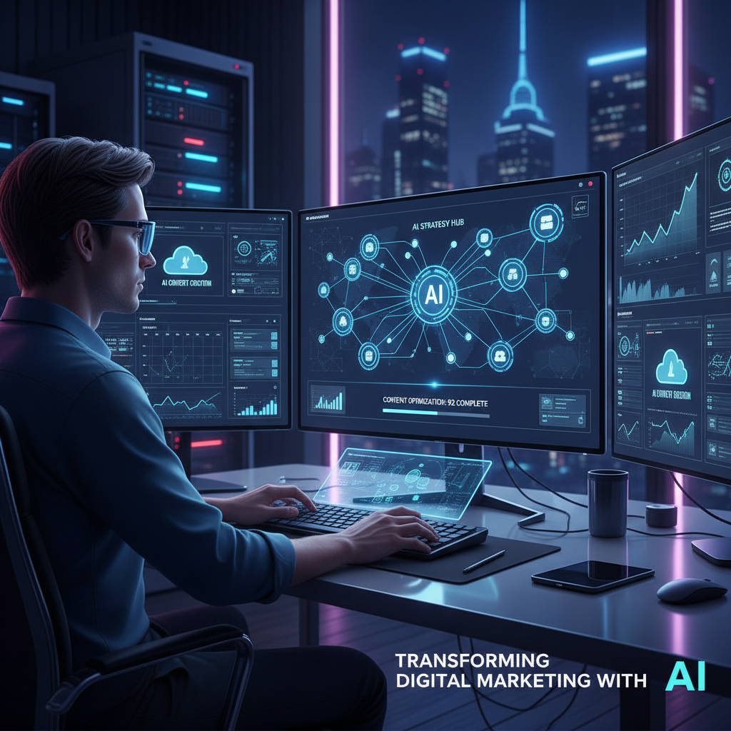 Dark marketing data charts on screen, dim office background, low-key dramatic lighting