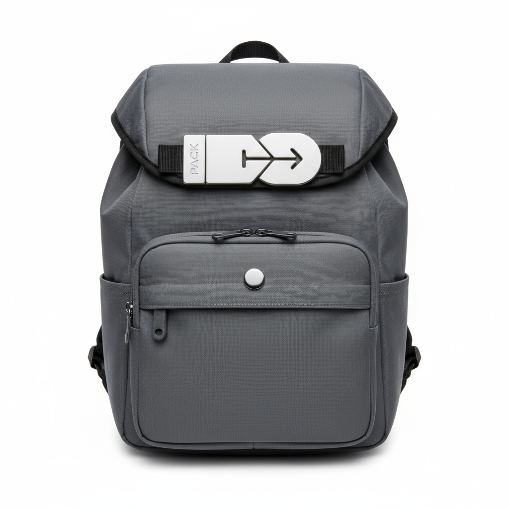 Overhead flat-lay of Pack backpack showing magnetic buckle system on bright white background