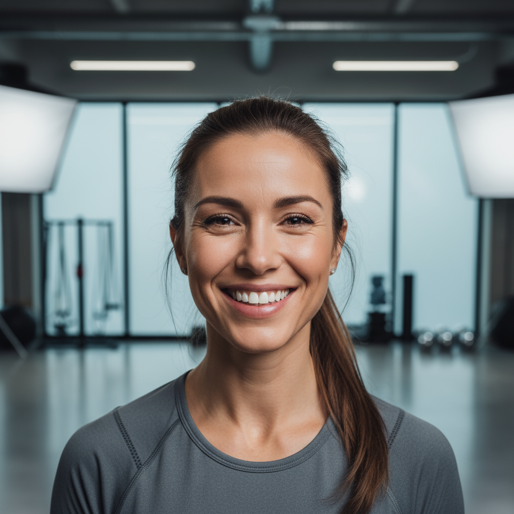 Trainer profile photo, casual gym setting, soft focus