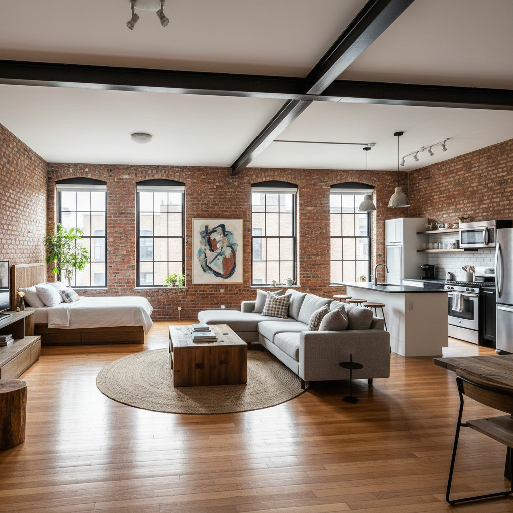 Bright studio apartment with exposed brick wall and large windows