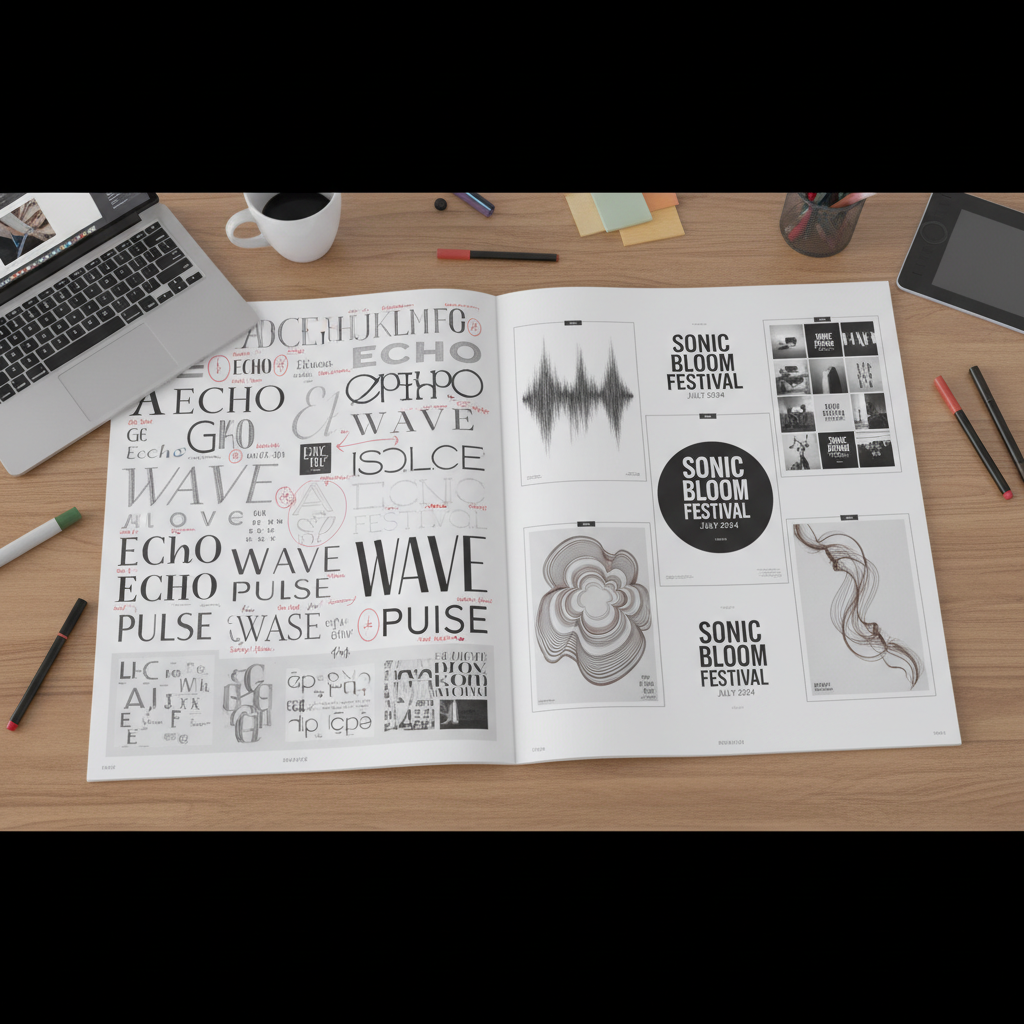Design process spread showing typography studies and poster layout iterations