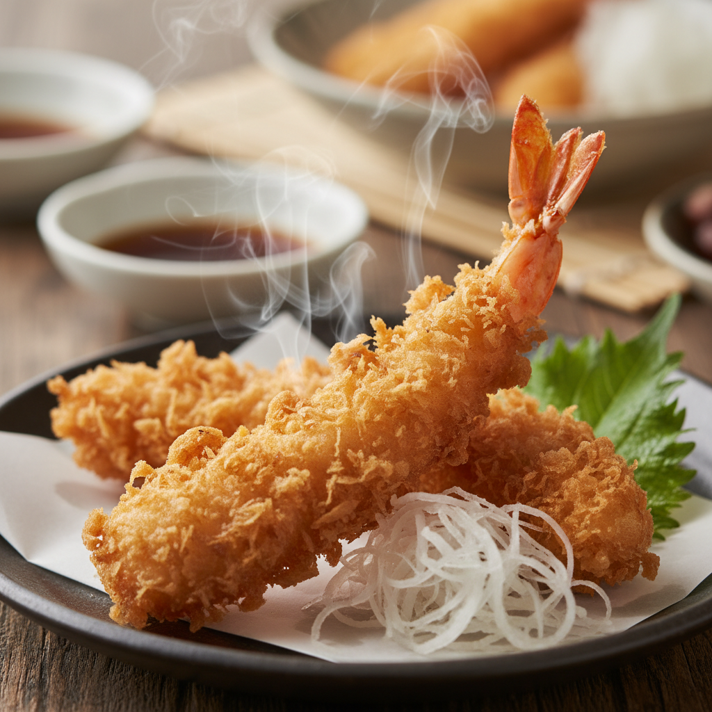 Steam curling off a freshly fried shrimp tempura against black slate surface