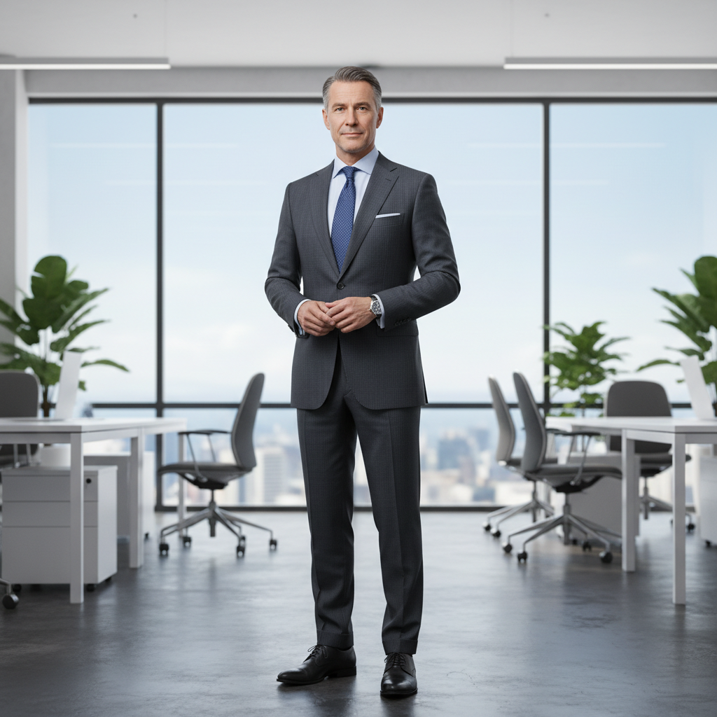 Victor Asuquo, founder of Voge Logistics, standing confidently in warehouse with shipping containers in background, wearing professional business attire