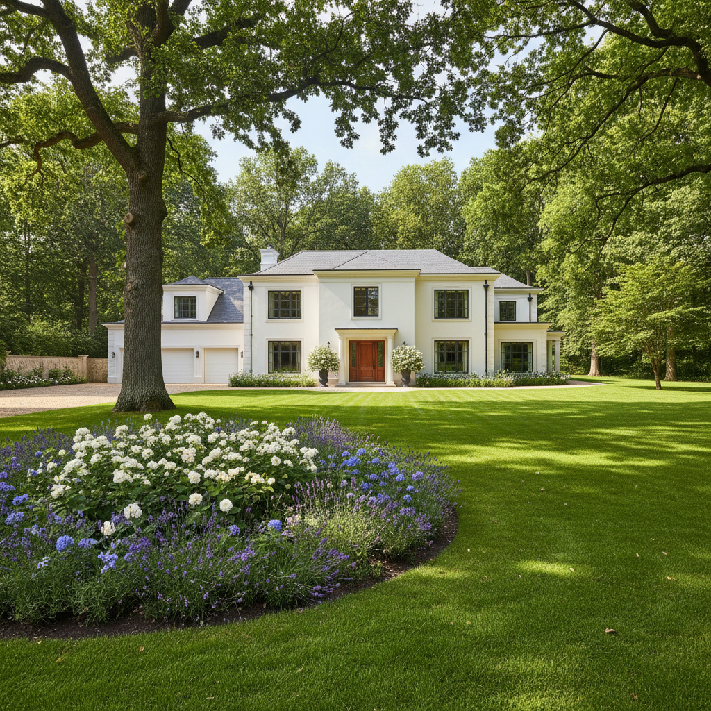 Large two-story stone and brick luxury home with manicured front yard, grand entrance, clear blue sky, warm afternoon light