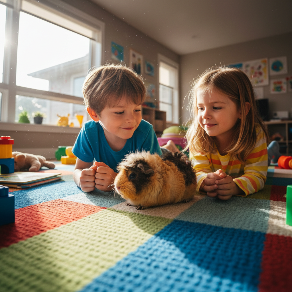 Two siblings lying on a playroom rug with an Abyssinian guinea pig between them