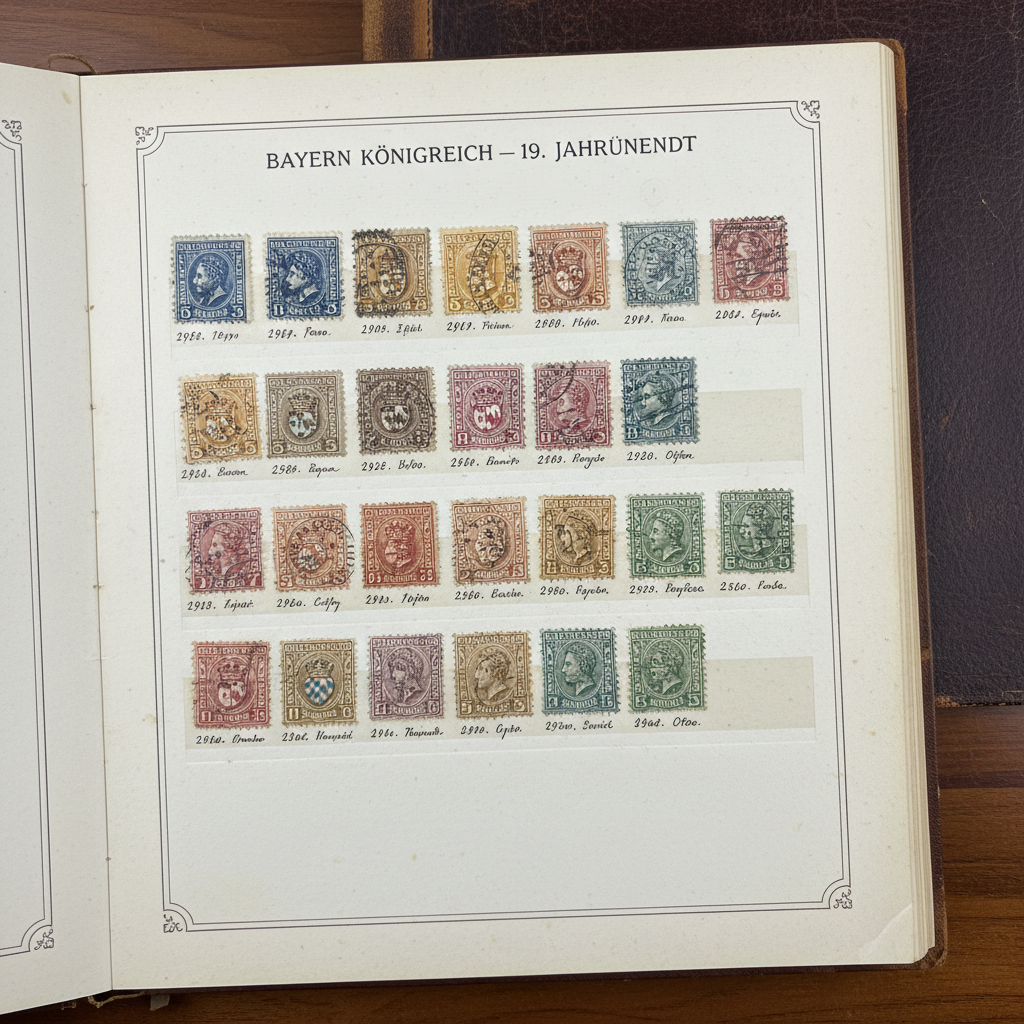 German States Bavaria collection album page showing rows of 19th century stamps in various colors