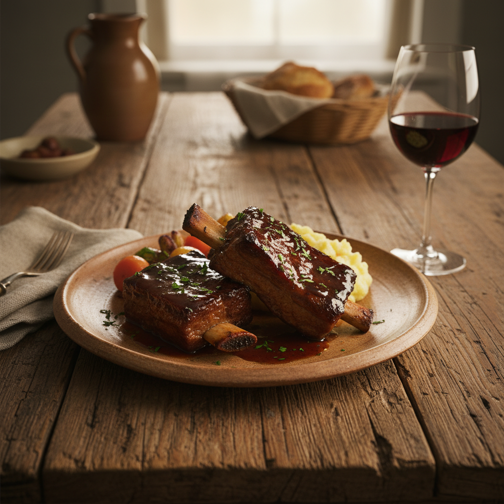 Plated short ribs on a ceramic plate with a glass of red wine on a farmhouse table