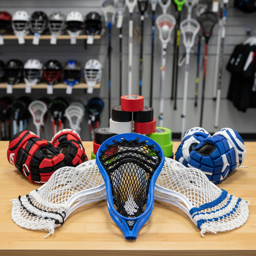 Close-up of lacrosse equipment including mesh heads, tape, and gloves displayed in pro shop