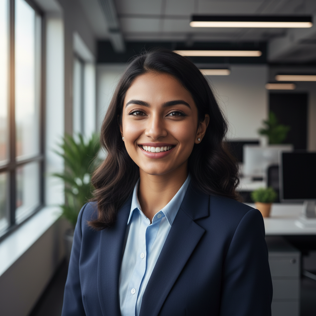 Professional headshot of Indian woman in modern office setting with warm lighting