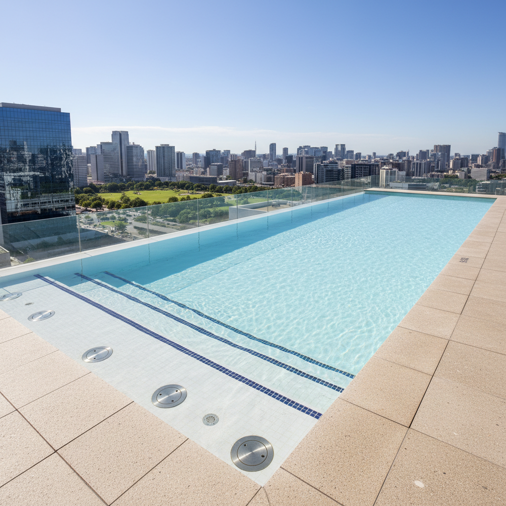 Crystal clear rooftop pool with optically transparent water and visible pool floor drain screws