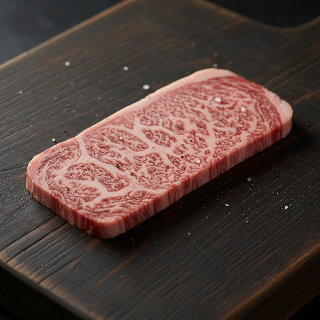 Premium A5 Wagyu beef with beautiful marbling on a dark slate board