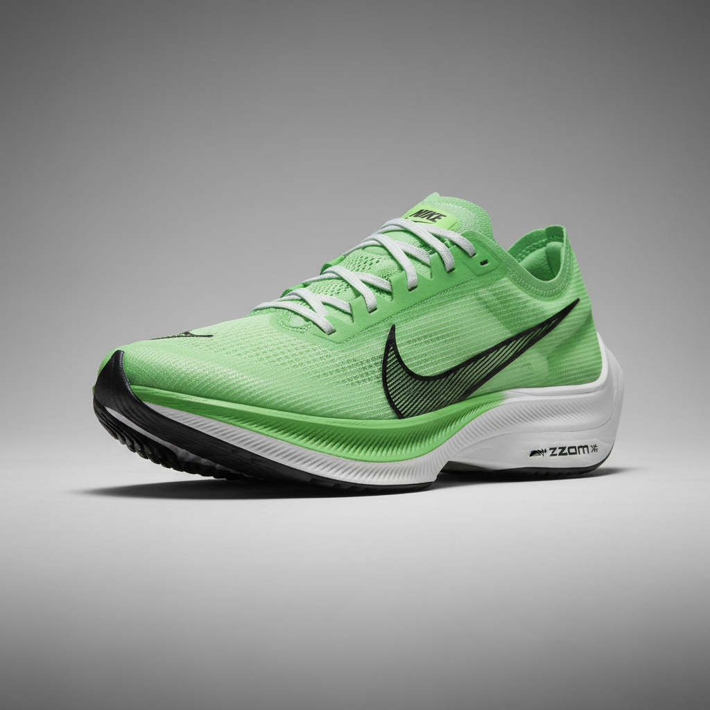 Nike Alphafly racing shoe with carbon fiber plate visible in dramatic lighting