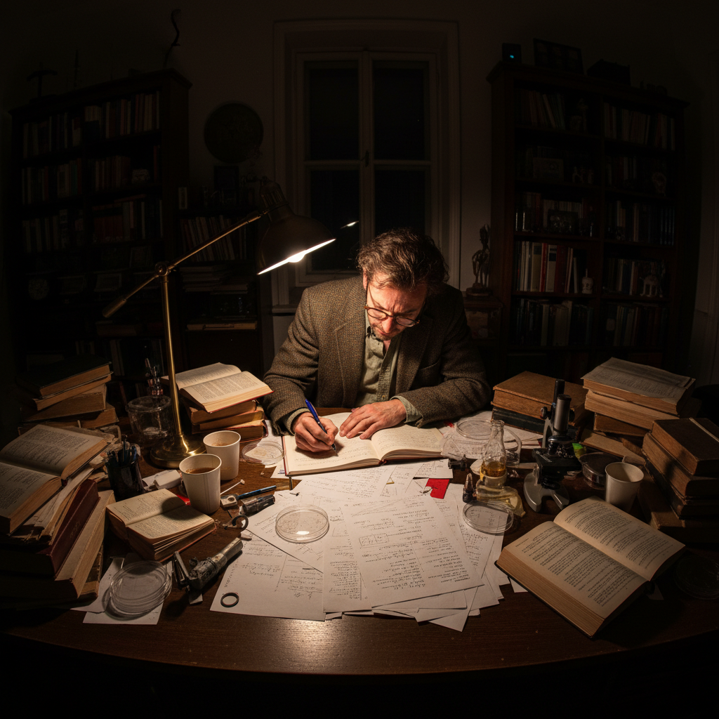 Graduate student at desk late at night, low-key lighting, dark study room, moody academic setting