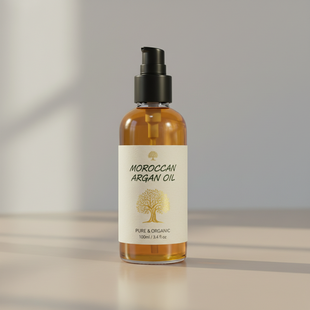 Argan oil beauty treatment bottles with gold packaging on dark textured background