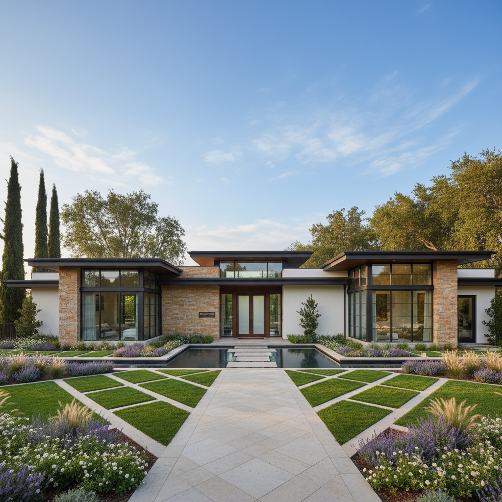 Scottsdale luxury home exterior, modern desert architecture, bright airy well-lit, stone and glass, lush landscaping