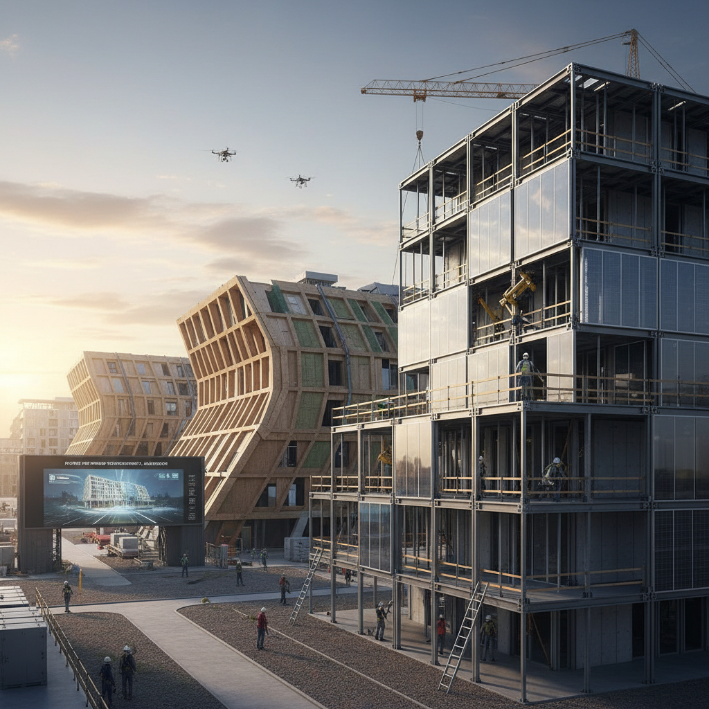 Premium construction site with modern architecture, dramatic lighting, dark industrial atmosphere