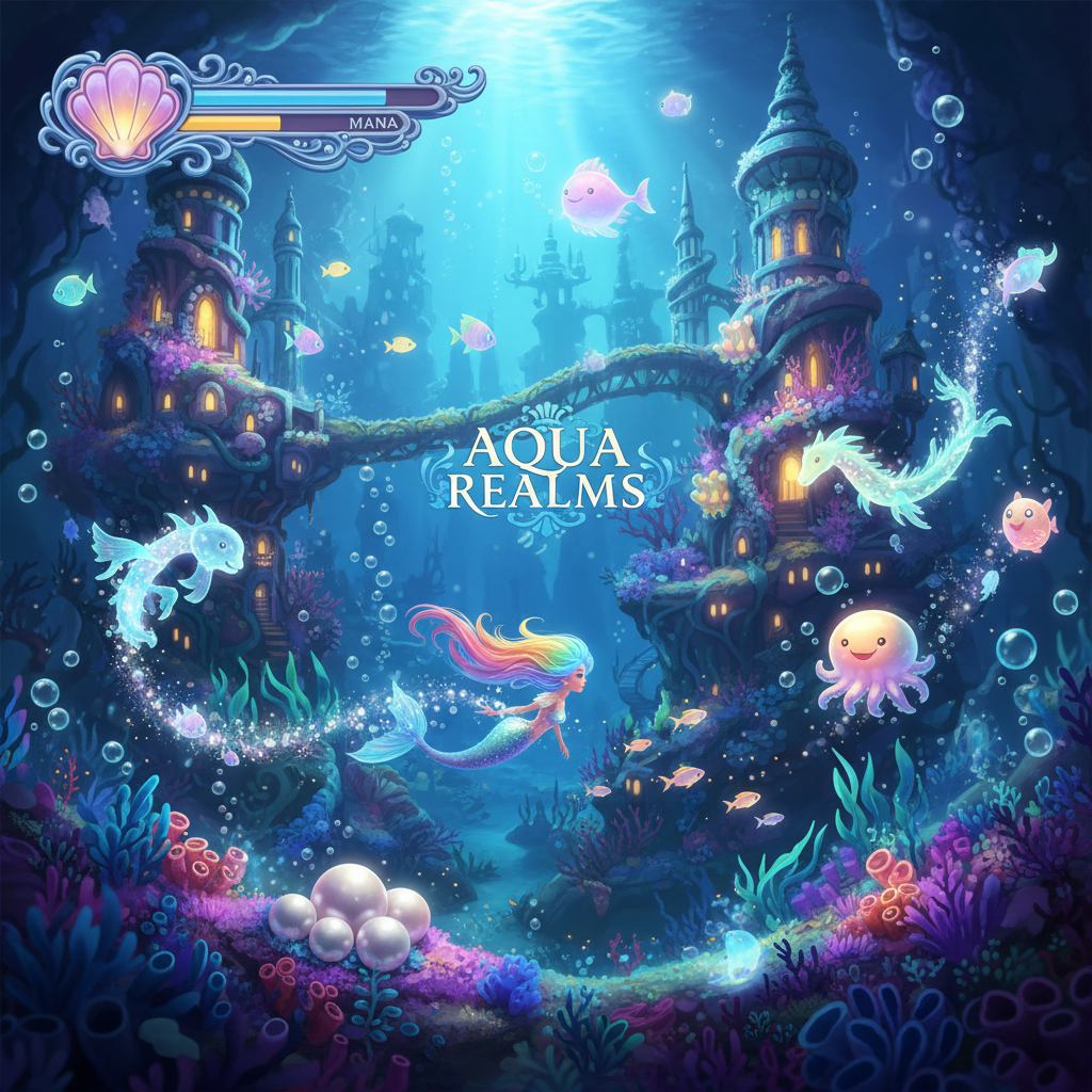 Vibrant colorful game world with glowing blue ocean and dynamic lighting, bright game environment