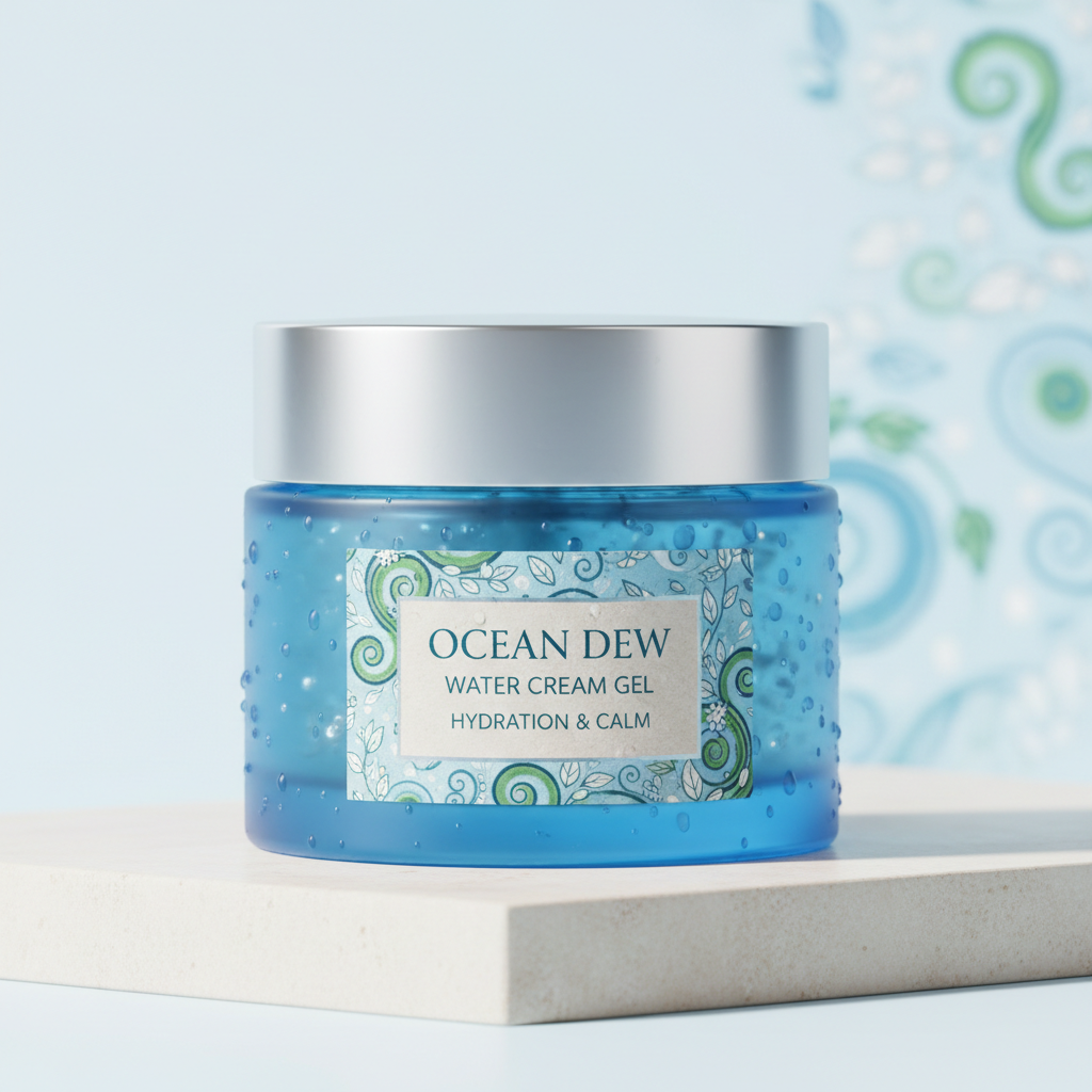 Blue glass jar of water cream gel with botanical label on pale background