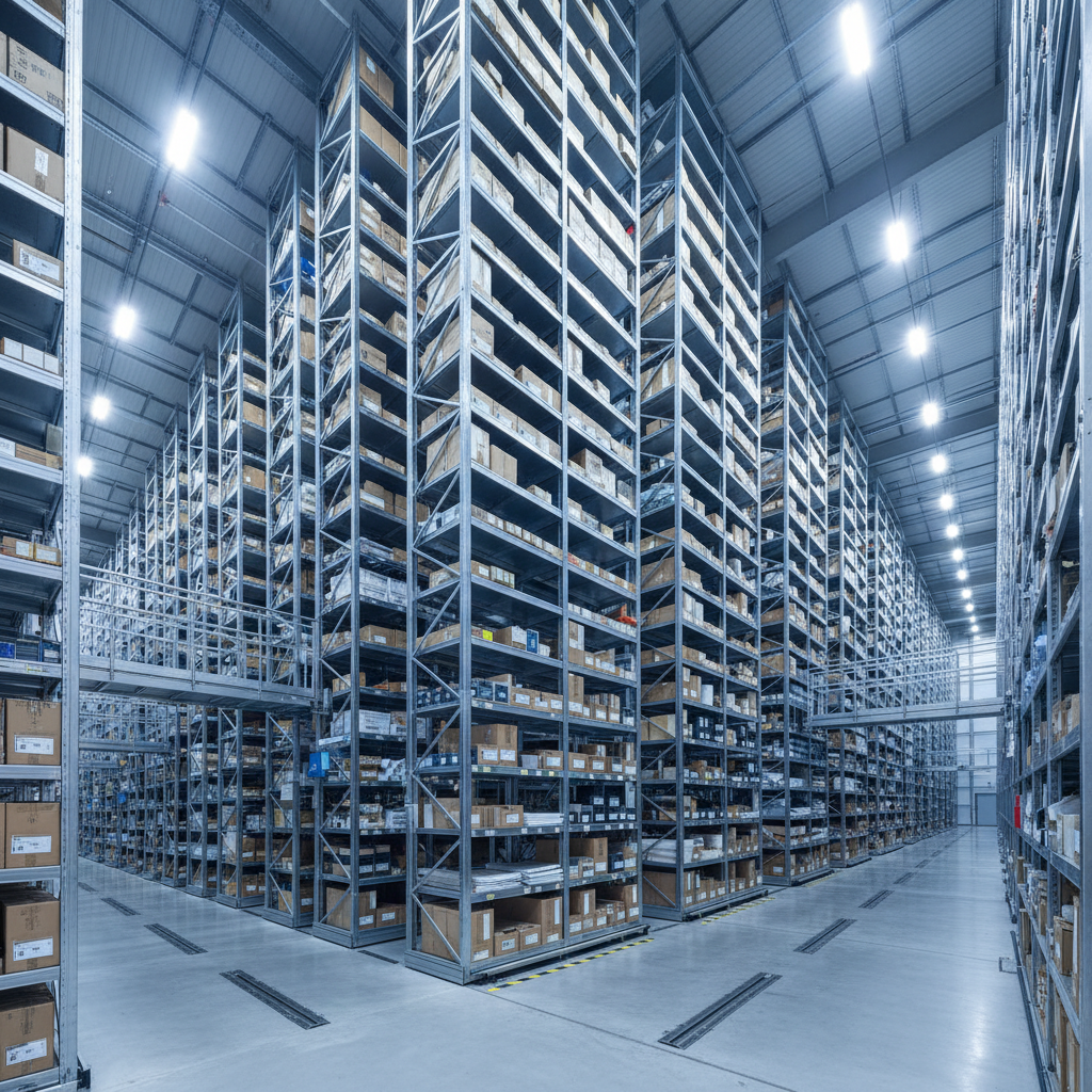 Cardboard delivery boxes neatly stacked in a modern warehouse with warm industrial lighting and dark concrete floors