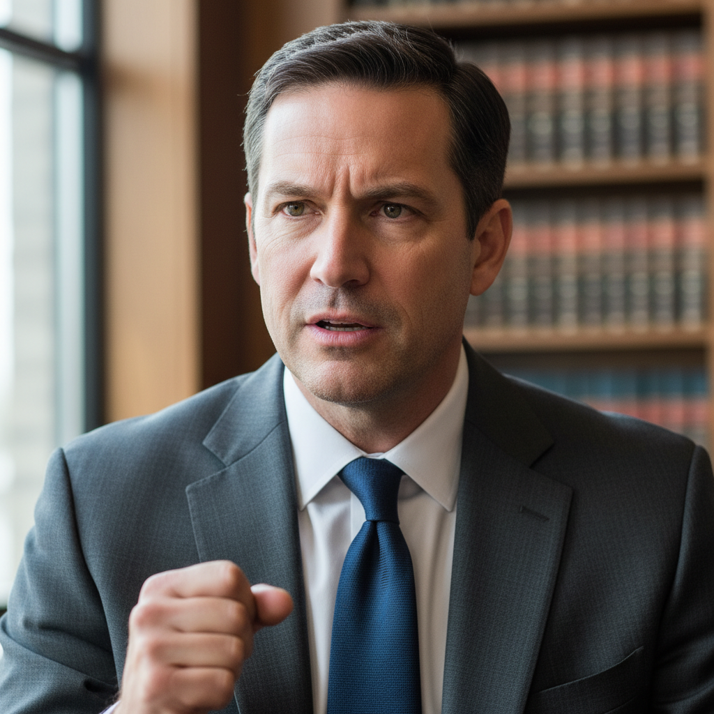 Attorney in discussion, engaged expression