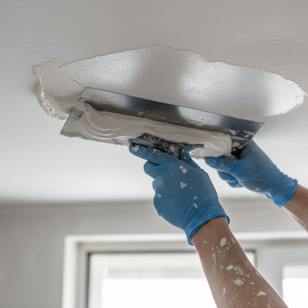 Plasterer applying thin skim coat to ceiling with wide drywall knife, smooth technique