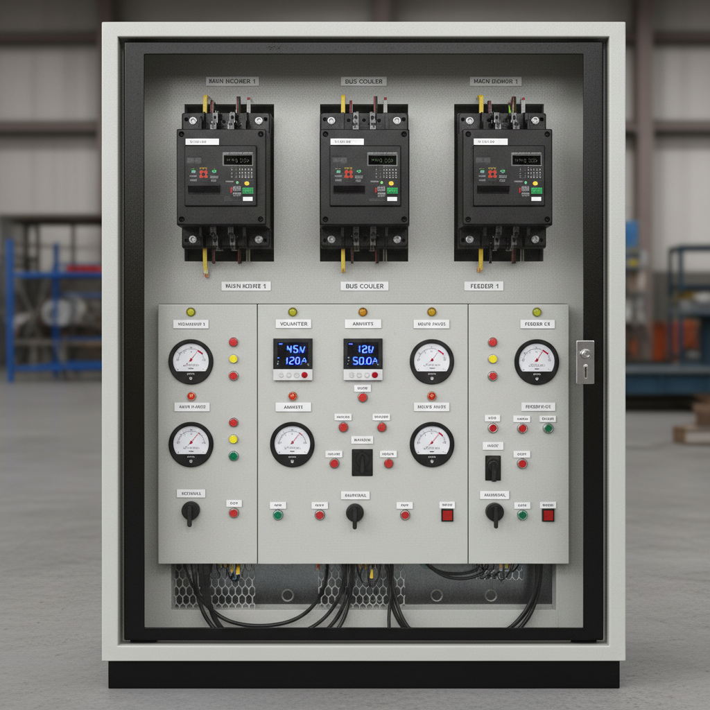 PCC panel front view with ACBs and metering instruments