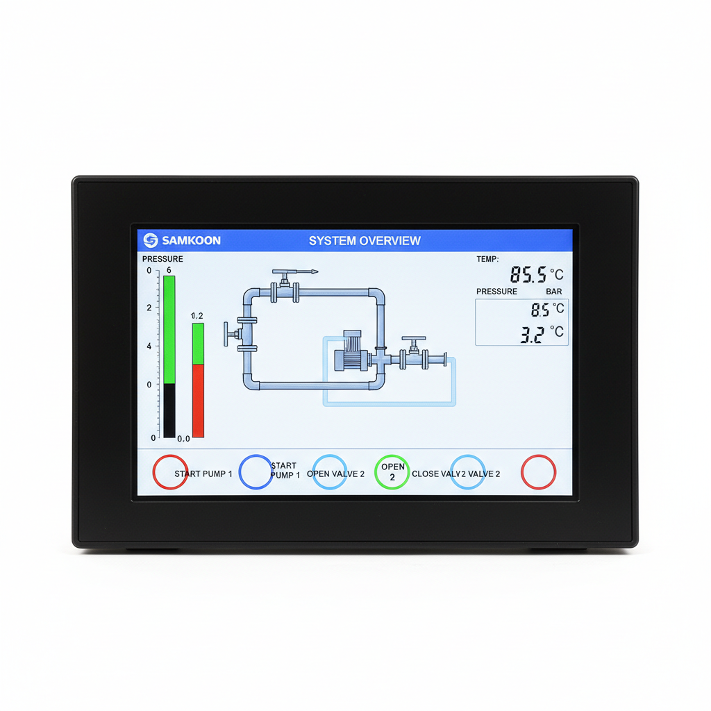 Pantalla HMI industrial Schneider mostrando interfaz de proceso, fondo de panel oscuro