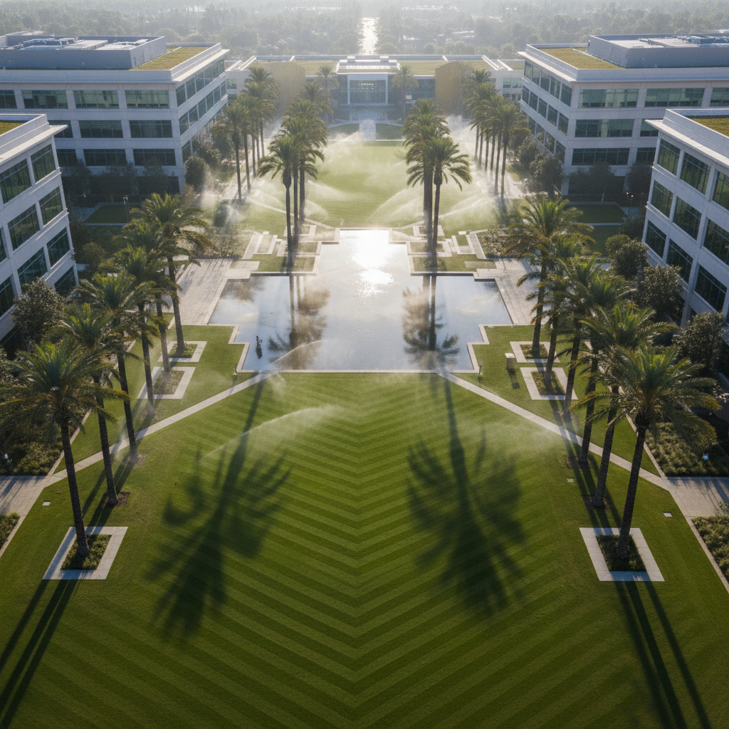 Aerial drone photograph of geometric corporate landscape with chevron-striped mowing lines, date palms casting morning shadows across LEED-certified office courtyard with sprinkler mist