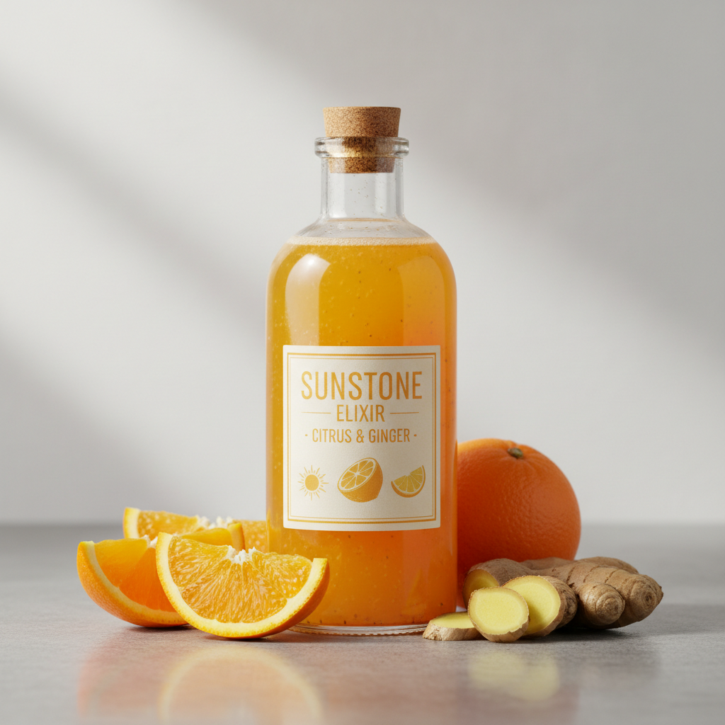 Sleek glass bottle of bright green cold-pressed apple ginger sip with green apple slices and ginger root on marble