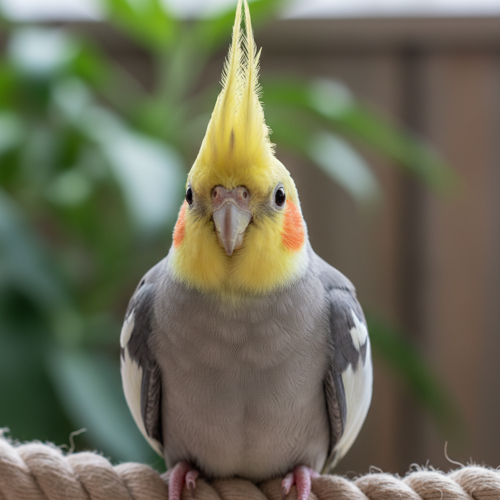 Cockatiel with yellow crest up, curious expression, perched on enrichment toy